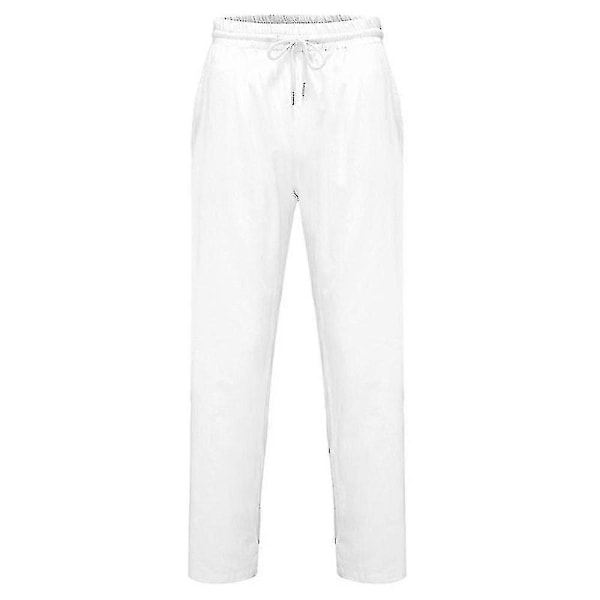 Herr Bomull Linne Byxor Elastisk Midja Casual Strand Yoga Byxor White XXL