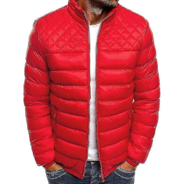 Herr Enfärgad Vardaglig Quiltad Pufferjacka Vinter Varm Ståkrage Jacka Dragkedja Vadderad Basic Ytterkläder Red XL