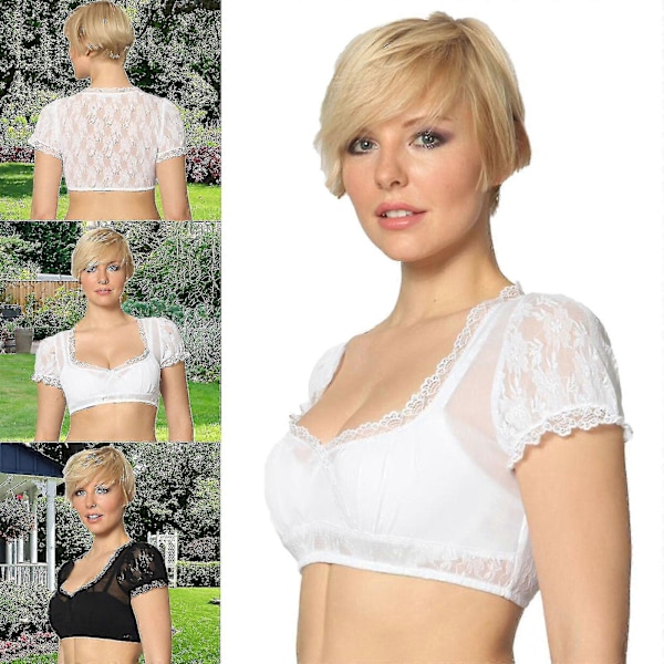 Elegant Dirndlblus för damer, svart dirndlblus, spetsblus för Oktoberfest White M