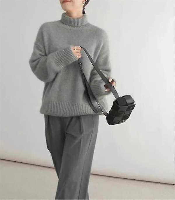 Rullekrave Cashmere Sweater 100% Ren Uld Sweater Dame Strik Løs Pullover Kvinde Efterår/vinter grey XL