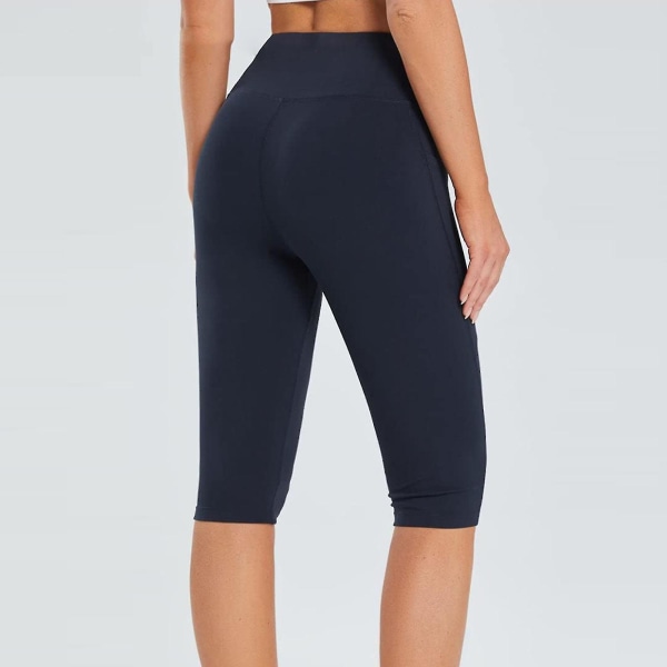 Tflycq Knälånga Leggings för kvinnor med hög midja Yogaträning Träning Capris för casual sommar med fickor Blue XL