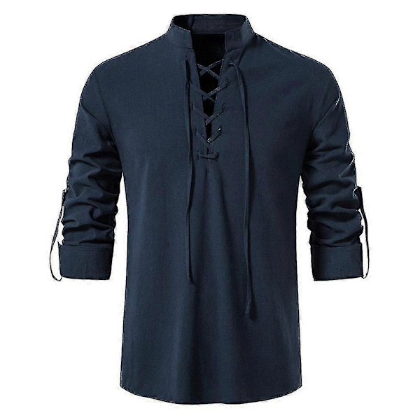 Herre Retro Stil Snørebånd Skjorter Toppe Til Middelalder, Renæssance, Viking Pirate, Hippie Navy Blue M