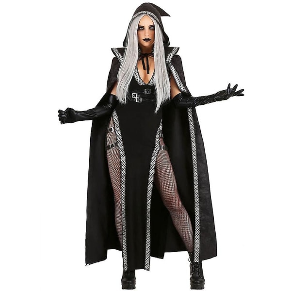 Carnival Halloween Lady Creepy Witch Costume Medeltida Gothic Hooded Cape Wizard Rollspel Cosplay Fancy festklänning XL