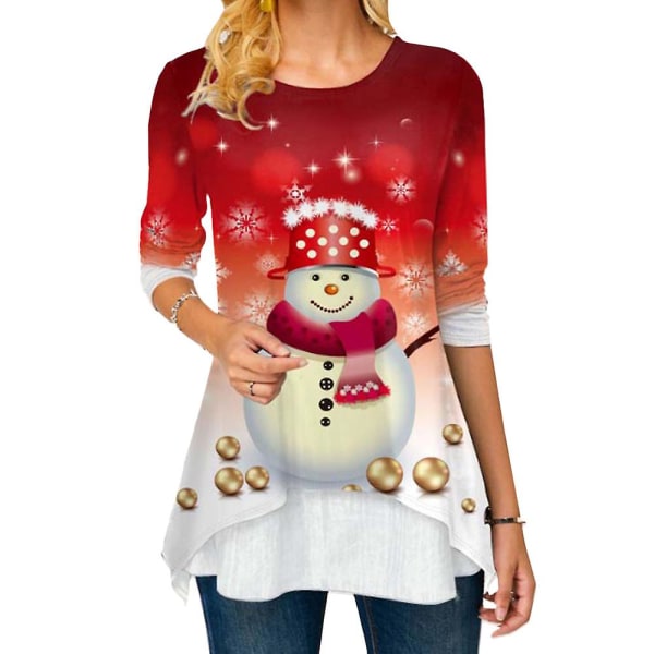 Jul Kvinnor Snögubbe Holiday Tree Print Casual T-shirt Xmas Långärmad Crew Neck Shirt Blus Longline Toppar Plus Size Red S