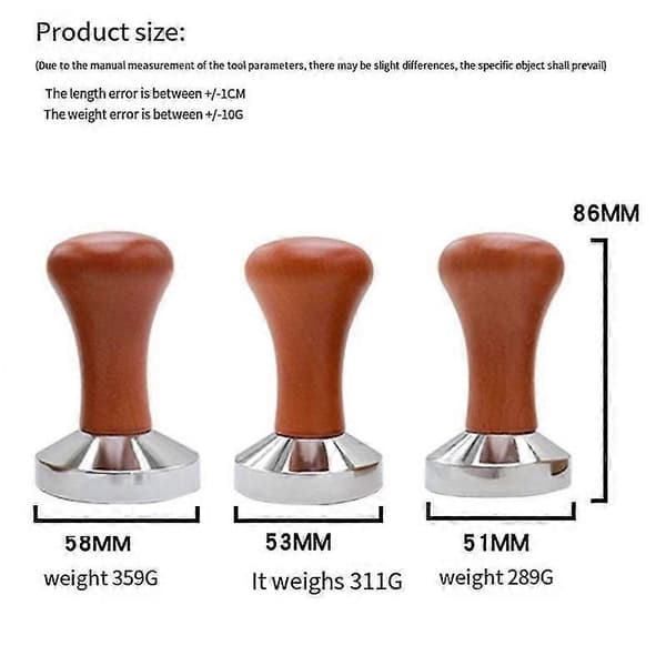 Kaffetamper i tre med base i rustfritt stål, egnet for espressomaskintilbehør 53 mm