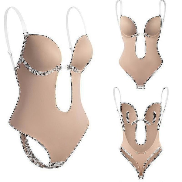 Dam Rygglös Body Shapewear U Djup Urringning Sömlös Tanga Djup V-ringad Kroppsformare För Bröllop-5 Beige S(32)
