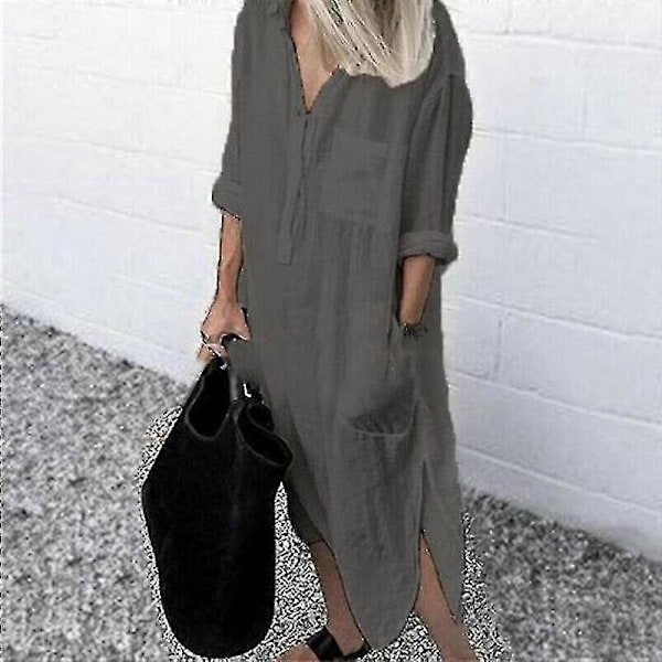 Plus size Dam Casual Blus Lång Skjorta Klänning Dam Krage Knapp Klänning Cy dark grey L