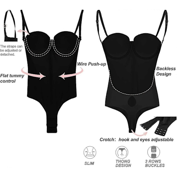 Selkäämätön Vartalonmuokkaaja Naisille Push Up Rintaliivit Matala Selkä String Body Black 3XL