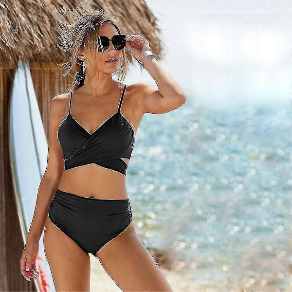 Højtaljet bandage bikini sæt til kvinder, wrap todelt push up badedragter krydsmønster dame badetøj Black XL