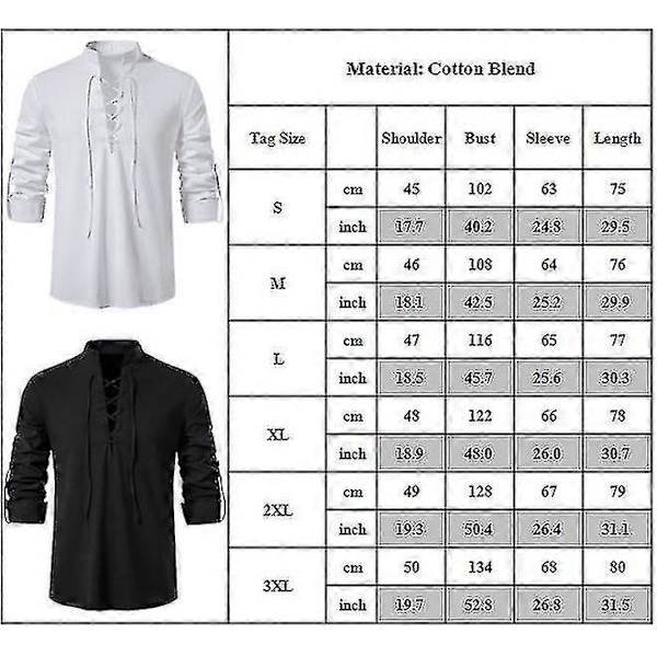 Herr Retro Stil Snörning Skjortor Toppar För Medeltida, Renässans, Vikinga Pirat, Hippie White L