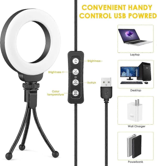 4\" Ring Light for Laptop med stativ, konferansebelysningssett, 3 lysmoduser dimbar LED-ringlampe for Mee