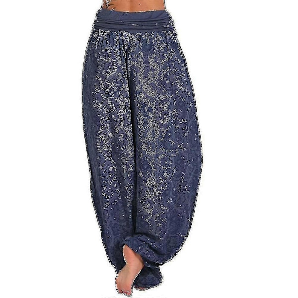 Bohemiska Haremsbyxor för Kvinnor med Paiey-tryck, Gypsy Ali Baba Yoga Palazzo, Lösa Hippiebyxor, Bloomers med Smockresår i Midjan Royal Blue XL