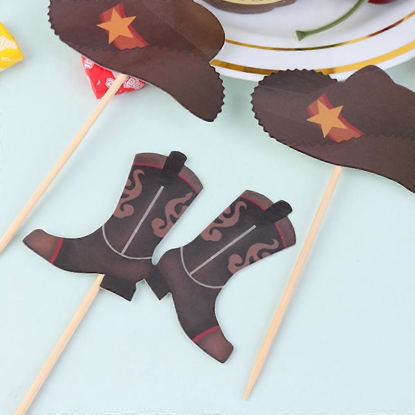 40 st Födelsedagstårta Picks Cowboy Stövlar Hattar Party Tårta Plug Flagga Kreativ Party Tårta Dekor Festival Party Tårta Dekorativa Toppers för Hem Bar Party