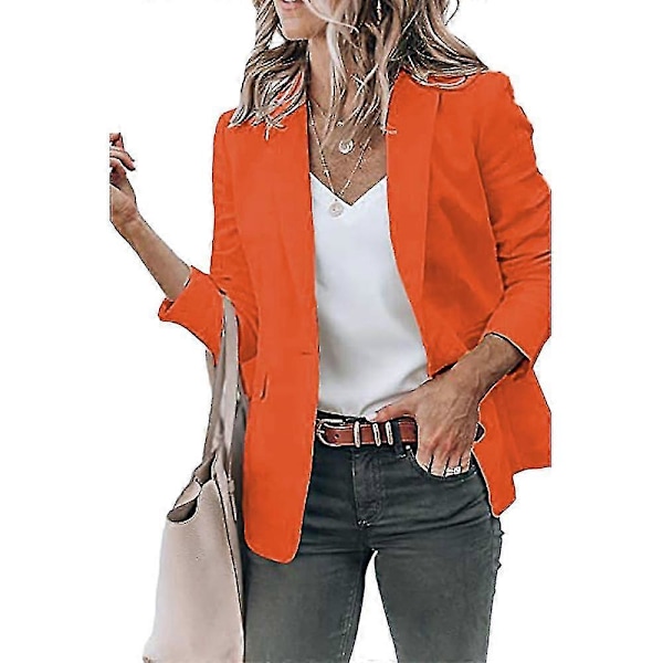 Dame Ensfarvet Åben Front Revers Blazer Langærmet Arbejde Kontor Cardigan Jakke Orange M