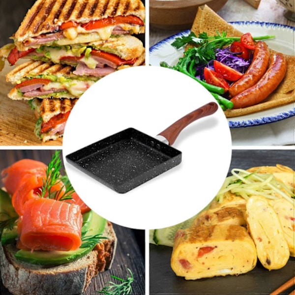 Omelettipannu, tarttumaton japanilainen Tamagoyaki-pannu kahvalla, musta