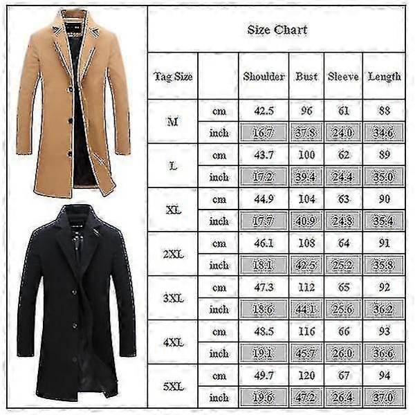 Stor Storlek Herr Klassisk Yllerock Varm Vinter Enkelknäppt Lång Trenchcoat Casual Slim Fit Ytterkläder Khaki 4XL