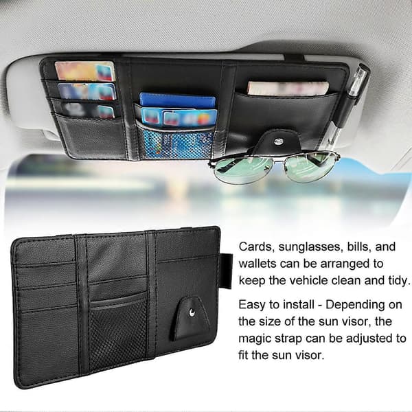 Bil Solskærm Kort Regning Organizer Brille Klips PU Læder Multifunktionel Opbevaringspose Sort