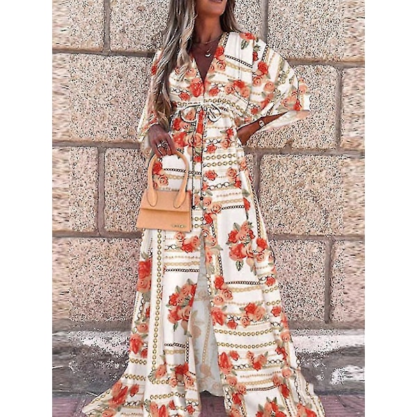 Sommer Maxi Kjole Til Kvinder Boho Print Bikini Cover Ups Strand Sommerkjole Sexet Blomstret Tunika Lang Kjole Badedragt Vestido Feminino orange L