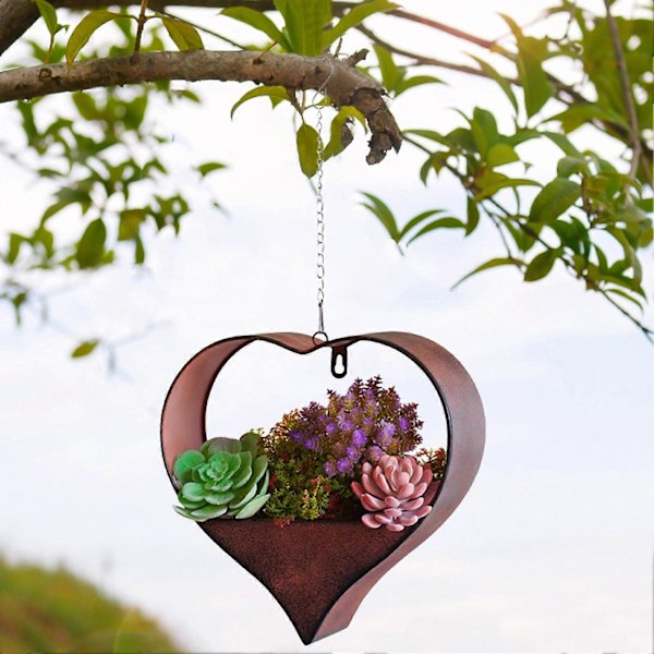 Hjerteformet væghængende blomsterpotte til indendørs og udendørs planter, rustik metal planteophæng, dekorativ havepotte