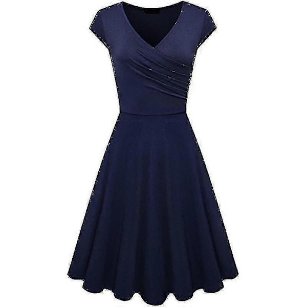 Elegant Damklänning Enfärgad Kortärmad V-ringad Afton Cocktail Bal Sommarklänning Navy XXXXL