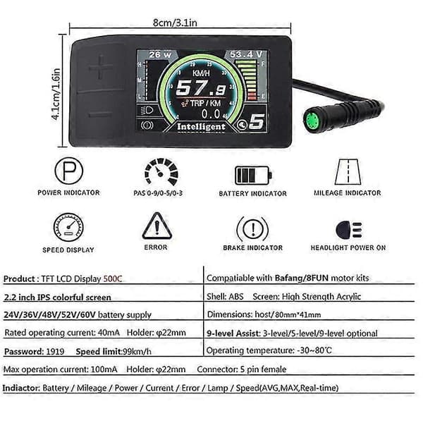 500c Ebike Display Til 8fun Bbs01 Bbs02 Mid Motor Hub Motor Kit Dele Elektrisk Cykel Speedometer Con