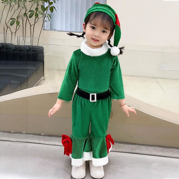 Jul pojkar flickor långärmad jumpsuit med spetsig hatt Set Santa Claus Cosplay kostym Green 3-4Y