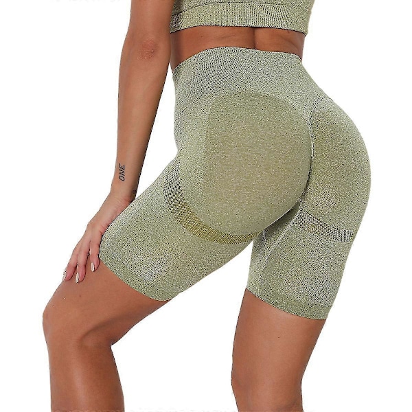 Sömlösa sportshorts för kvinnor, hög midja, yoga shorts, fitness, slimmade gym leggings Light green XL