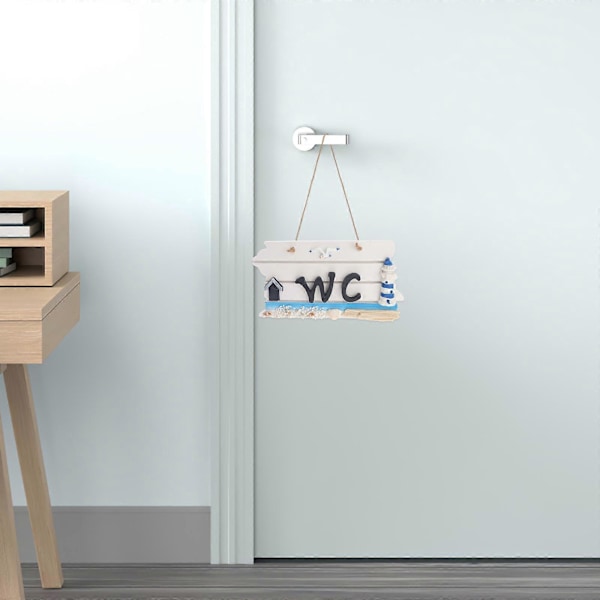 Medelhavsinspirerad handgjord vägghängd WC-skylt i trä (Fyr)