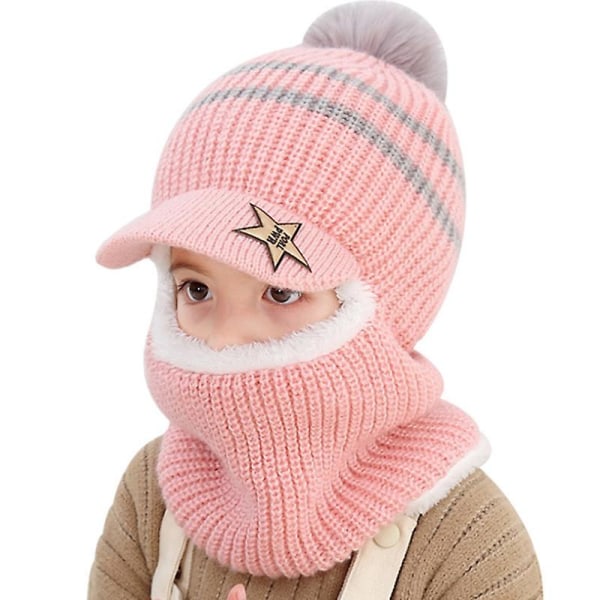 Barn Flickor Pojkar Beanie Neck Warp Hat Med Öronlappar Fleece Stickad Vinter Varm Cap Med Hals Tube Pink