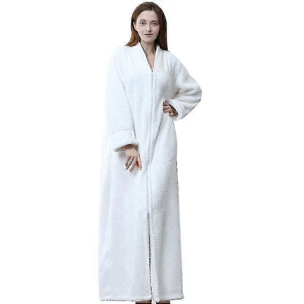 Badrock med dragkedja för damer, flanellfleece, vintervarm morgonrock, nattlinne white L