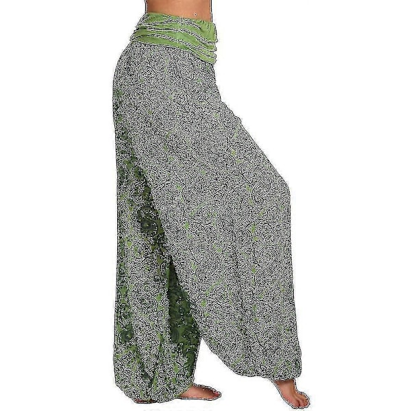 Bohemiska Haremsbyxor för Kvinnor med Paiey-tryck, Gypsy Ali Baba Yoga Palazzo, Lösa Hippiebyxor, Bloomers med Smockresår i Midjan Green 5XL