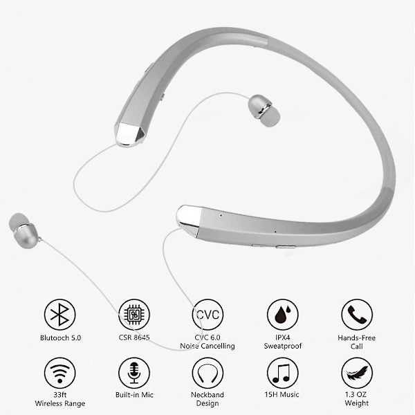 Päivitetyt langattomat niskapantasankaimet sisäänvedettävillä nappikuulokkeilla, melua vaimentavat stereo-kuulokkeet mikrofonilla treeniin, juoksuun ja ajamiseen Silver