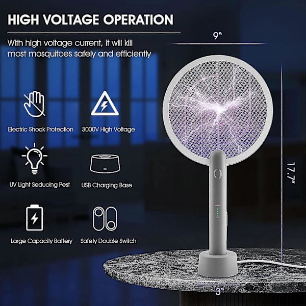Elektrisk Fluesmekker Racket, 2 i 1 Smart Insektdreper med USB Oppladbar Base, Kraftig Myggdreper