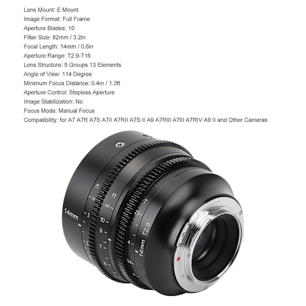 14mm T2.9 Full Frame Cinema-objektiv 114 Graders Ultravidvinkel Manuellt Fokus Cinema-objektiv 270 Graders Fokusomfång E-fattning för A7 A7R A7S A7II