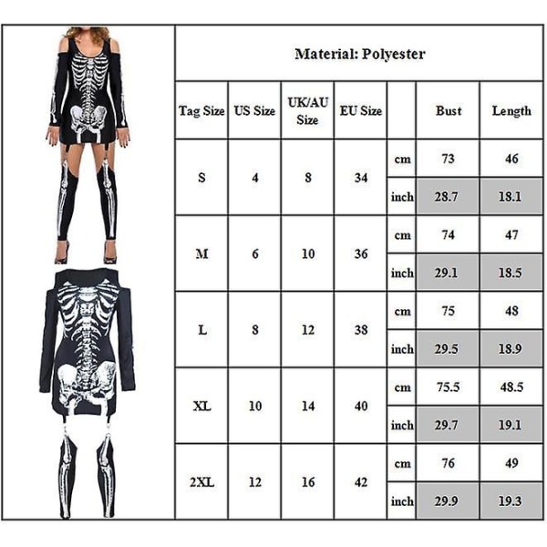 Halloweenfest kvinnors skelett cosplay maskeraddräkt off-shoulder klänning med strumpbyxor set S
