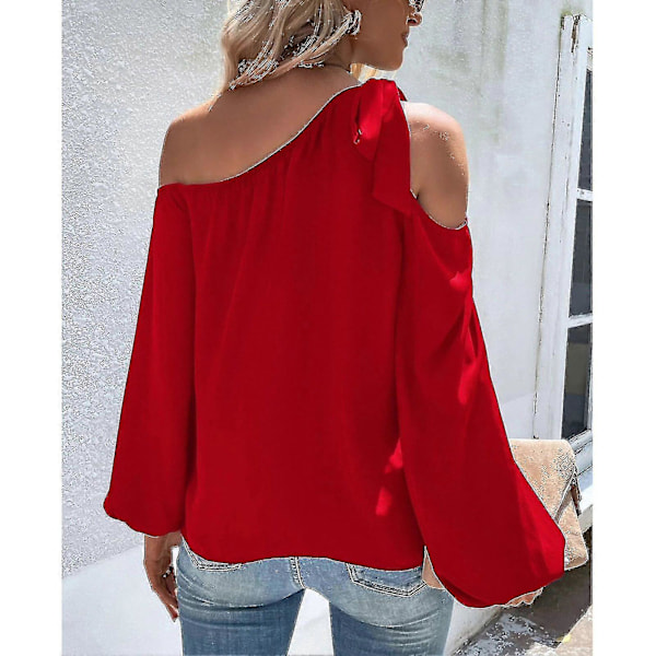 Dam Topp Cold Shoulder Knytblus Enfärgad Lykta Ärm Elastisk Manschett Chiffong Elegant Casual Blus Skjorta Red S