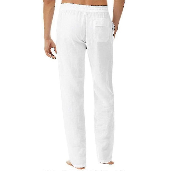 Herre Bomull Lin Bukser Elastisk Midje Casual Strand Yoga Bukser White M