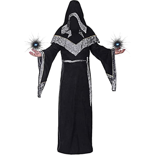 Mystic Sorcerer Robe Halloween Cosplay Kostymer För Män, Vuxen Medeltida Retro Uniform Vintage Renaissance Kläder Med Hooded Cape, Manlig Präst Outfit Black XXL