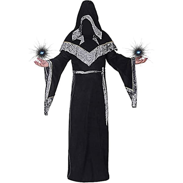 Mystisk Troldmandskåbe Halloween Cosplay Kostumer Til Mænd, Voksen Middelalder Retro Uniform Vintage Renæssance Tøj Med Hætte, Mandlig Præstedragt Black XXL
