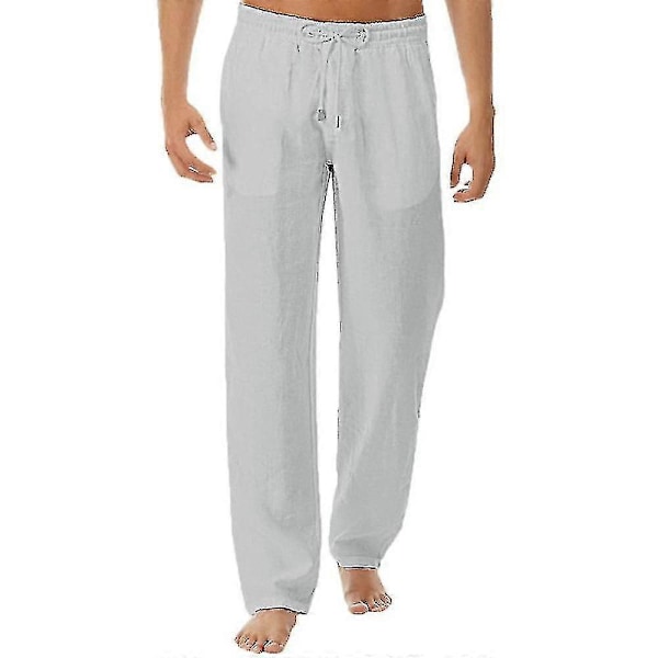 Herre Bomull Lin Bukser Elastisk Midje Casual Strand Yoga Bukser Grey XXXL