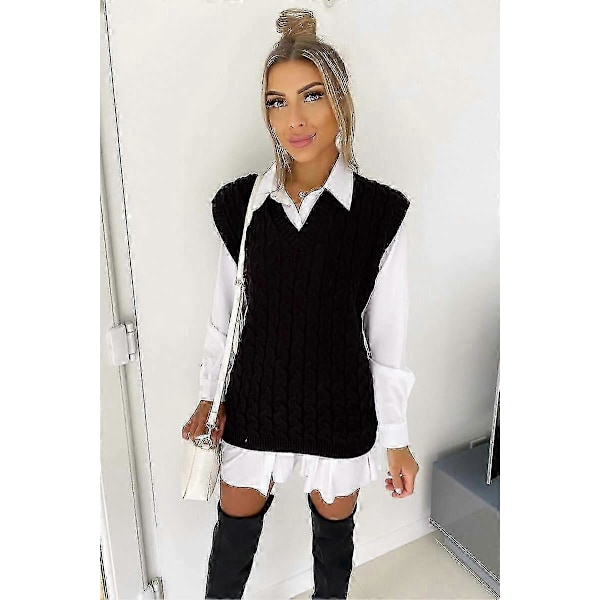 Dam Dam Kabelstickad Ärmlös Väst Stickad Tröja Tank Top Tröjor s20241212251 Black 2XL
