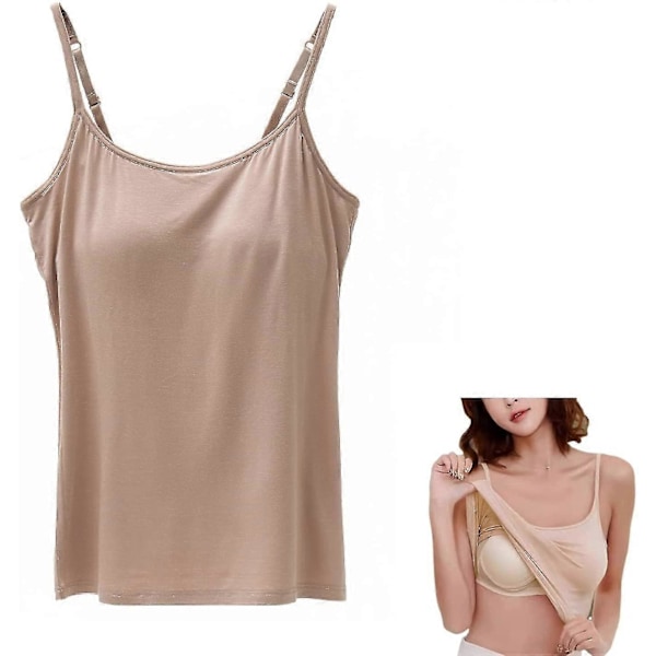 2-i-1 Dam Basic Sömlös Camisole Enfärgad Spaghettiband Slim Fit Bomull, Justerbara Spaghettiband Linne med Inbyggd BH Khaki M