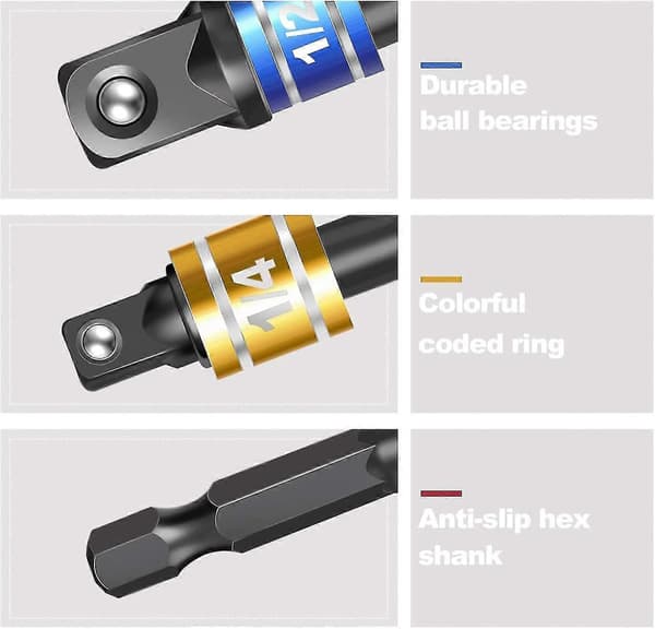 1/4\", 1/2\", 3/8\" Hex till fyrkantsadapter