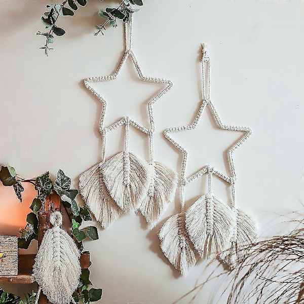 2 st Makramé Väggbonad Fjäder Boho Chic Handgjord Vävd Löv Tofsar Dekoration Bohemisk Lägenhet