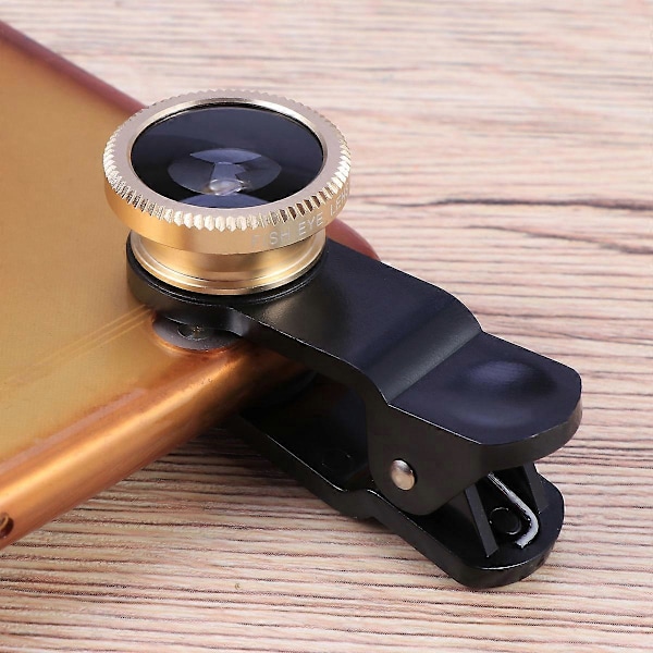 3 i 1 Telefon Kamera 0.67X Vidvinkel Makro Linse 180 Graders Fiskeøje Clip-On Professionel til Smartphones (Gylden)