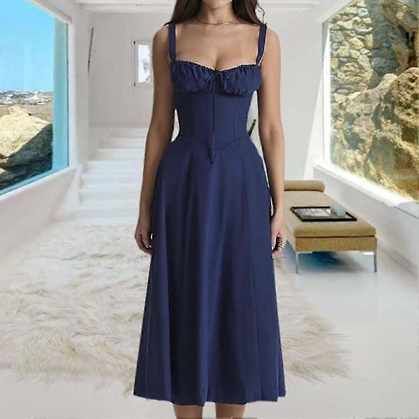 Mote Print Bustier Sommerkjole Snøring Blonde Ermeløs Kjole For Kvinner Navy Blue S