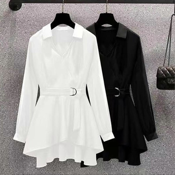 Dame Skjorte med Krave og Asymmetrisk Kant Koreansk Stil Fint Bælte V-Hals Afslappede Toppe Velegnet til Venne Sammenkomster White Long Sleeve 3XL