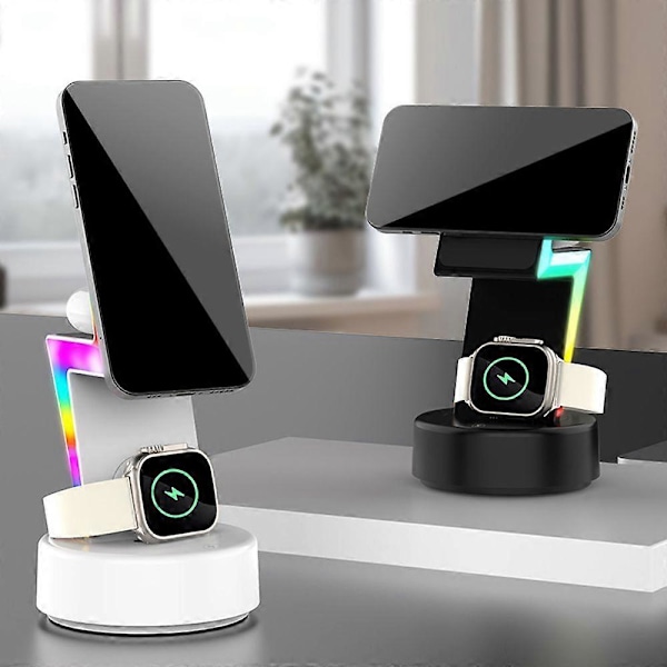 3-i-1 Trådløs Lader med RGB-Lys Magnetisk Hurtiglading Intelligent Gjenkjennelse Laderstativ Kompatibel Iphone/Kompatibel Iwatch/Kompatibel Ai