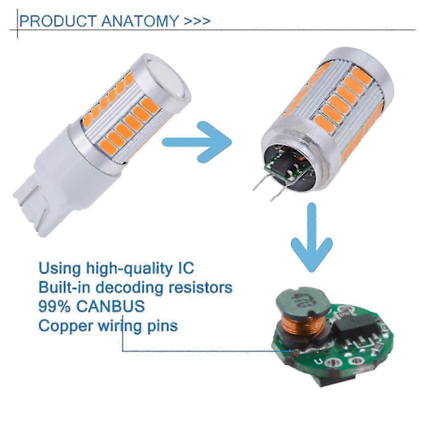 7443, T20 LED Pærer Amber Gul 900 Lumen Super Blinklys Lys Bremse Parkeringslys Baklys Re