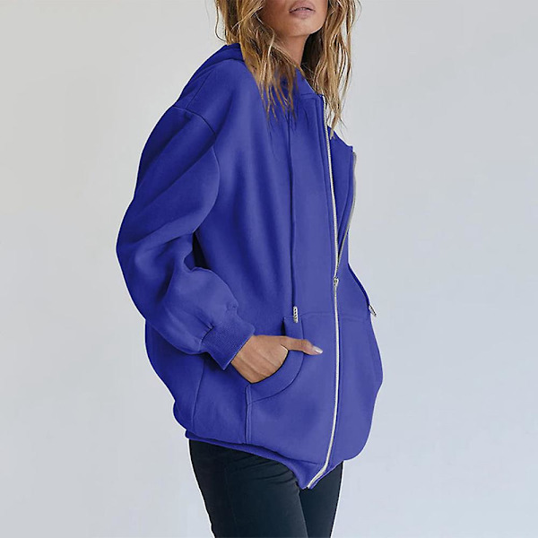 Dame Ensfarvet Afslappet Hættejakke Langærmet Fuld Lynlås Snøre Hættetrøjer Frakke Blue 2XL